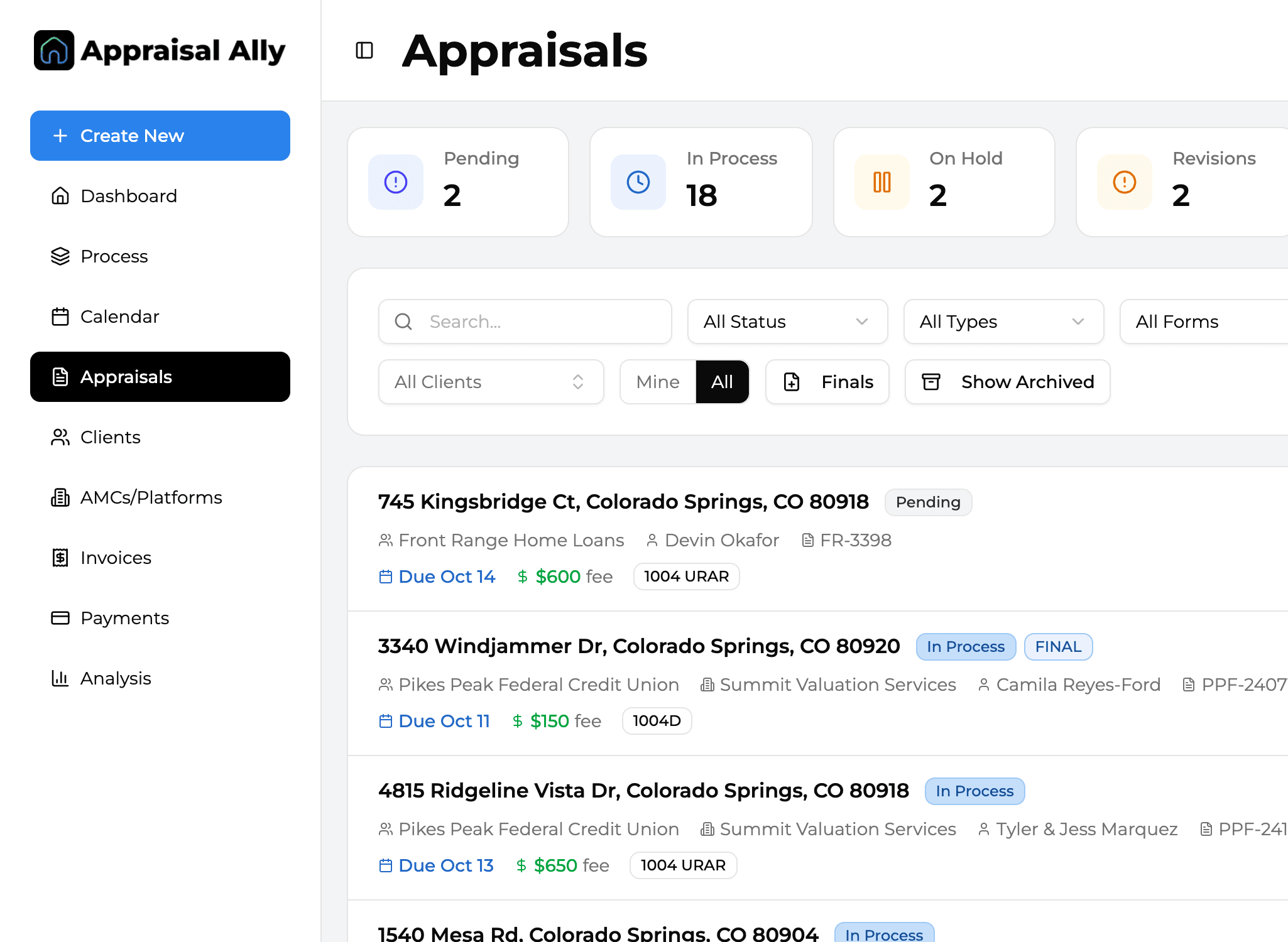 Appraisal Ally appraisals list with clients, due dates, and fees